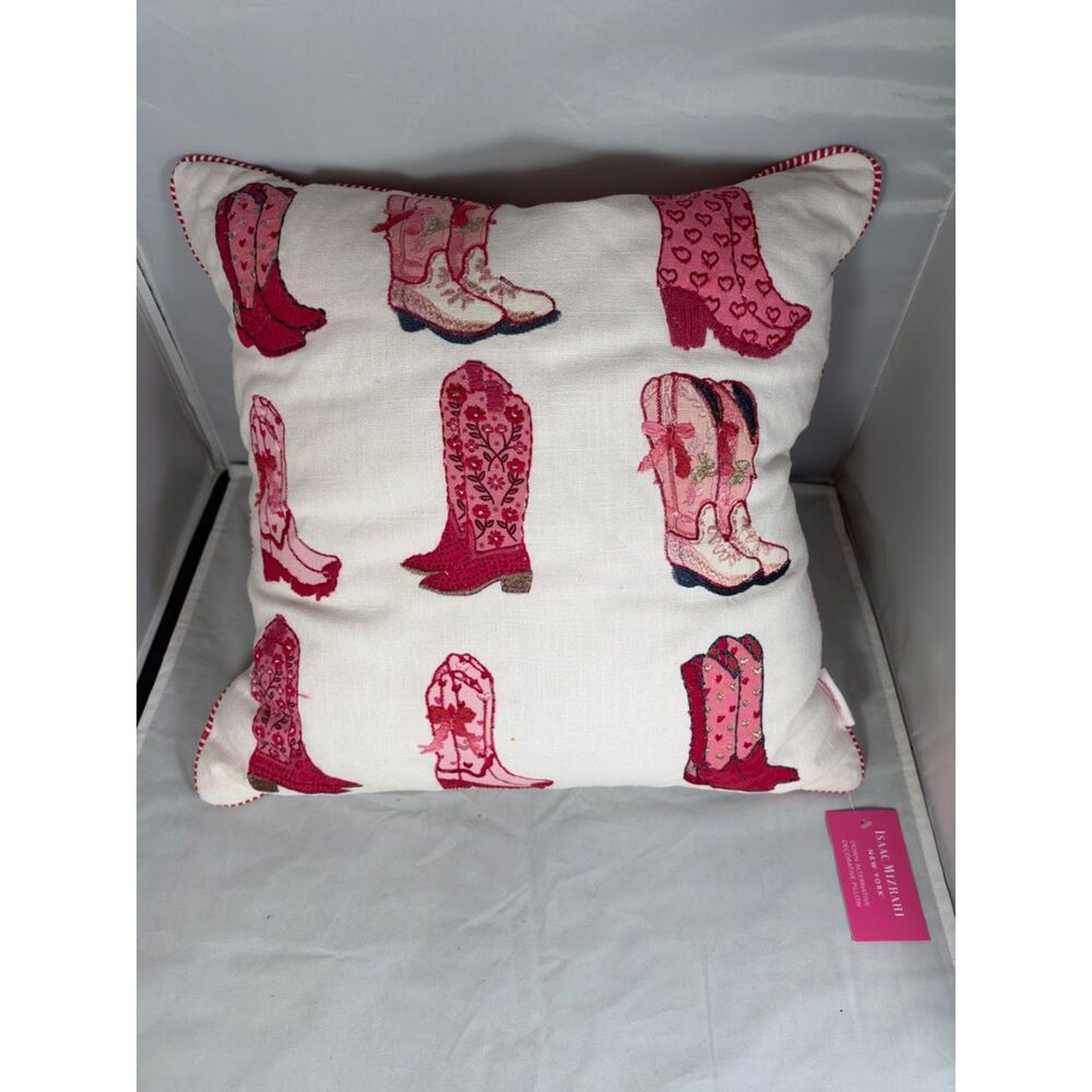 NEW Embroidered Pink Western Boots Heart Bow Pillow Isaac Mizrahi NWT 17x17 READ